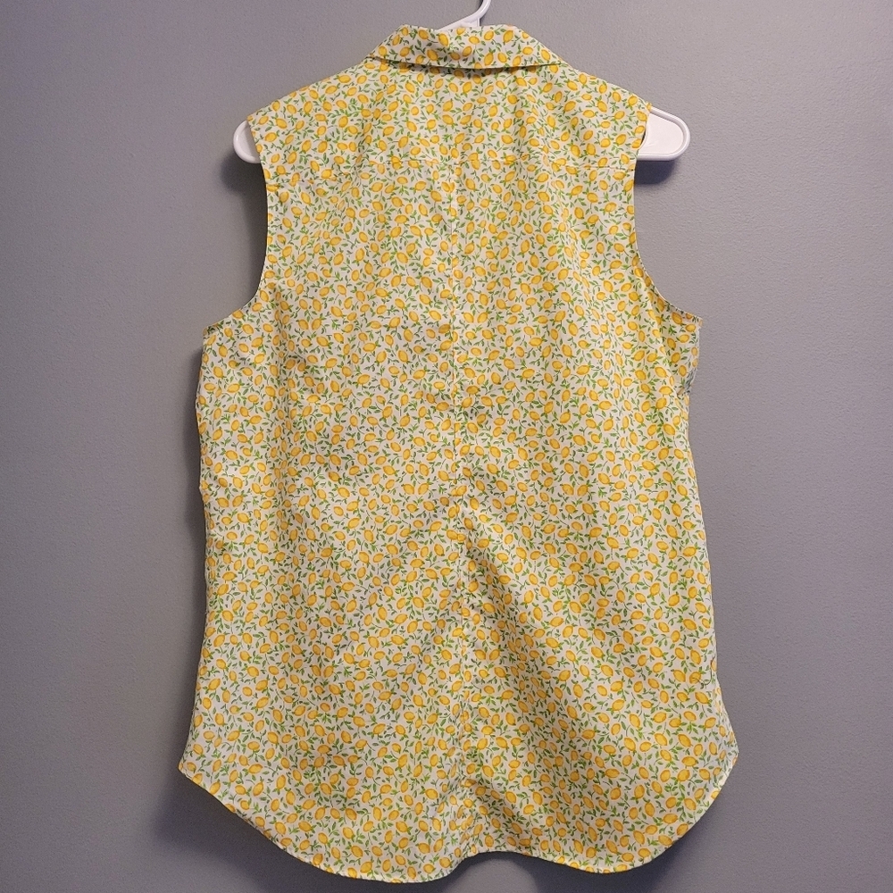 Lands' End Lemon Print Blouse Large 100% Cotton Coastal Summer Button Up - Picture 3 of 6